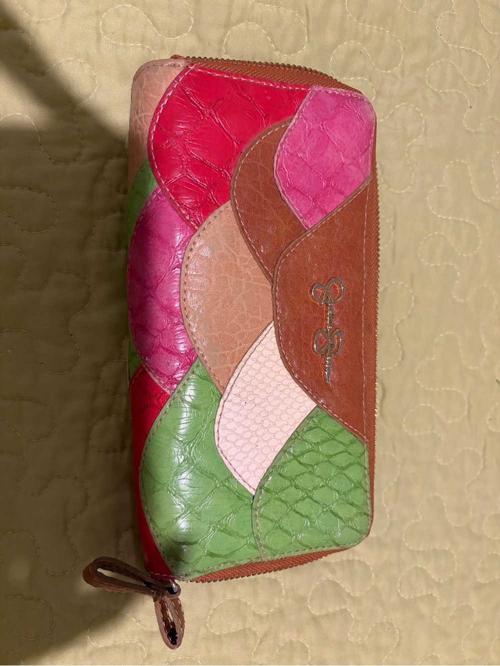 Jessica Simpson Multicolor Patchwork Zip Wallet in Pink, Green & Brown